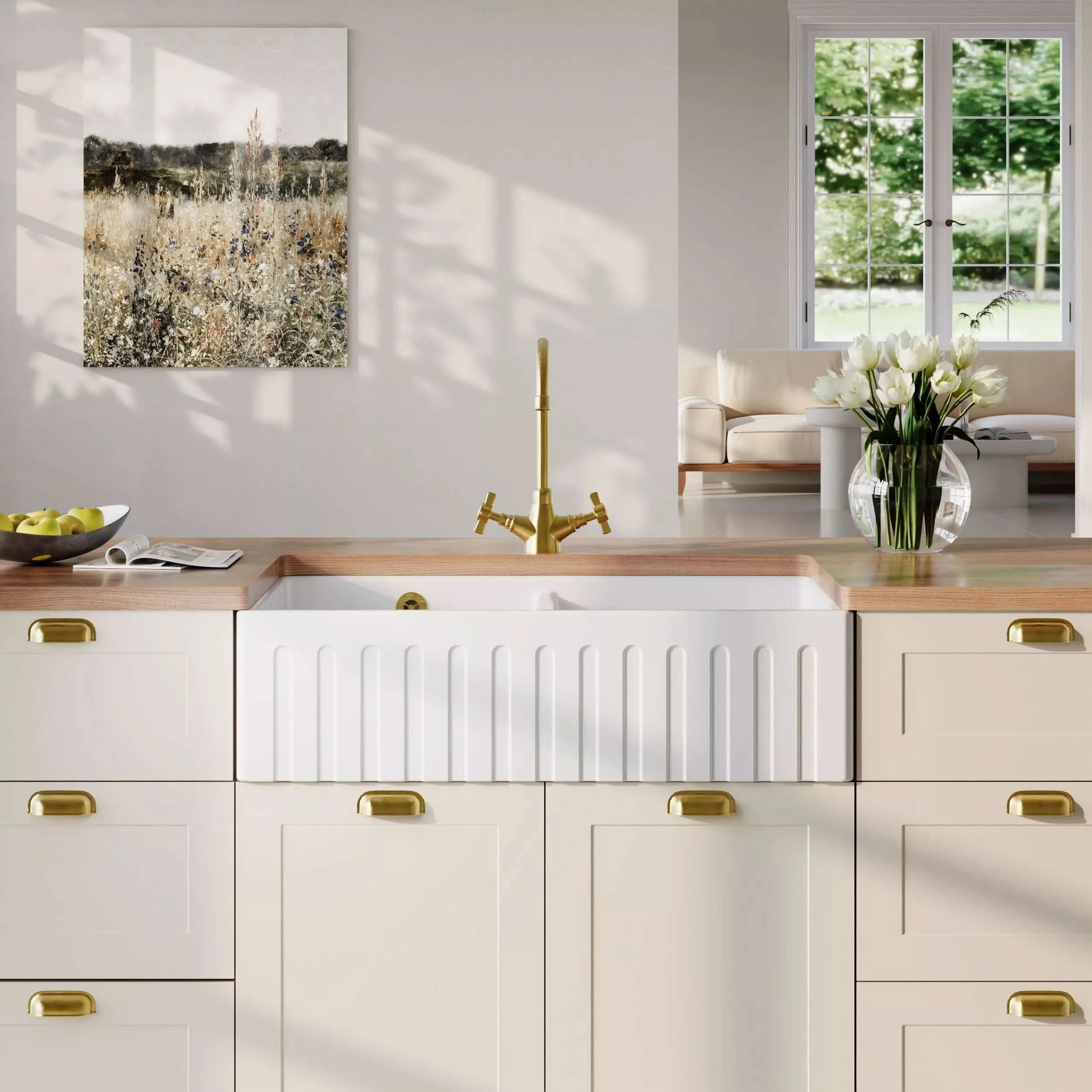 Nuie 795mm Double Bowl Fluted Butler Sink With Central Wastes And Overflow - White