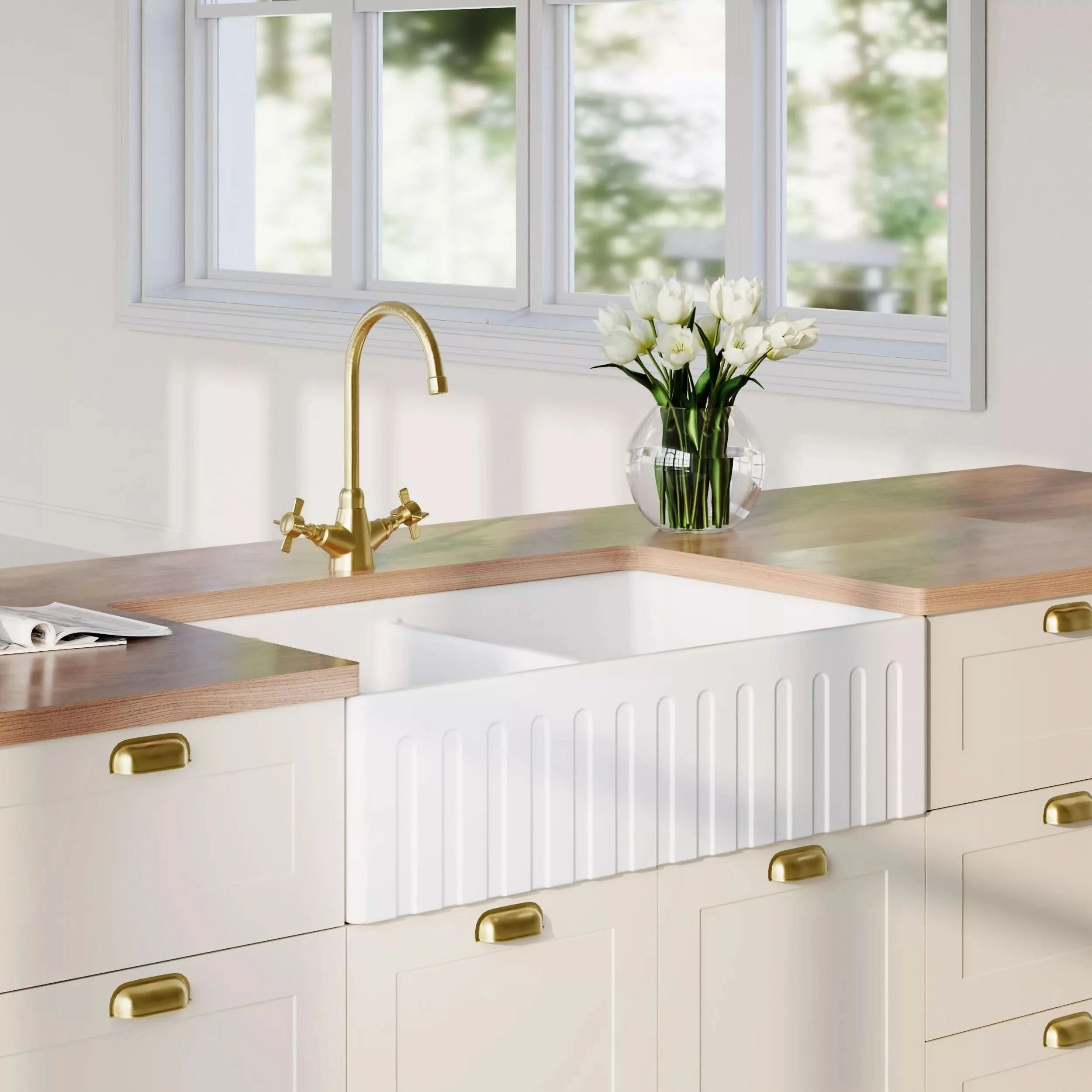 Nuie 795mm Double Bowl Fluted Butler Sink With Central Wastes And Overflow - White