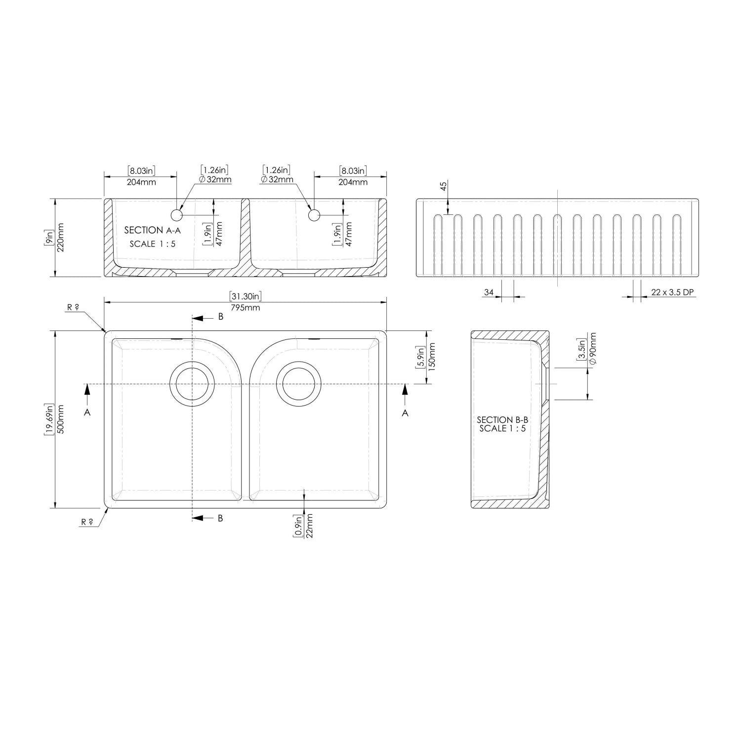 Nuie Double Bowl Fluted Butler Sink With Full Weir, Central Waste And Overflow - White