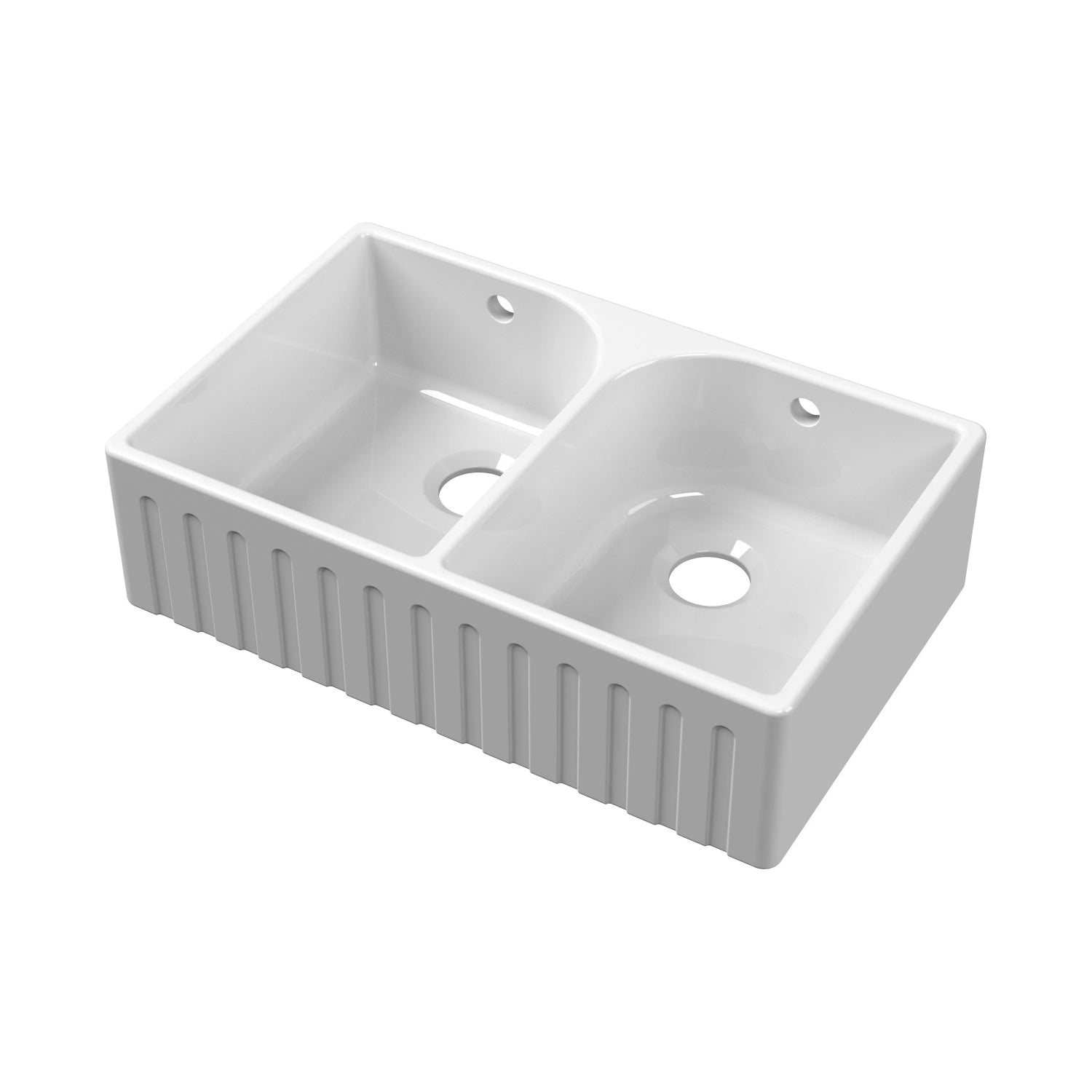 Nuie Double Bowl Fluted Butler Sink With Full Weir, Central Waste And Overflow - White