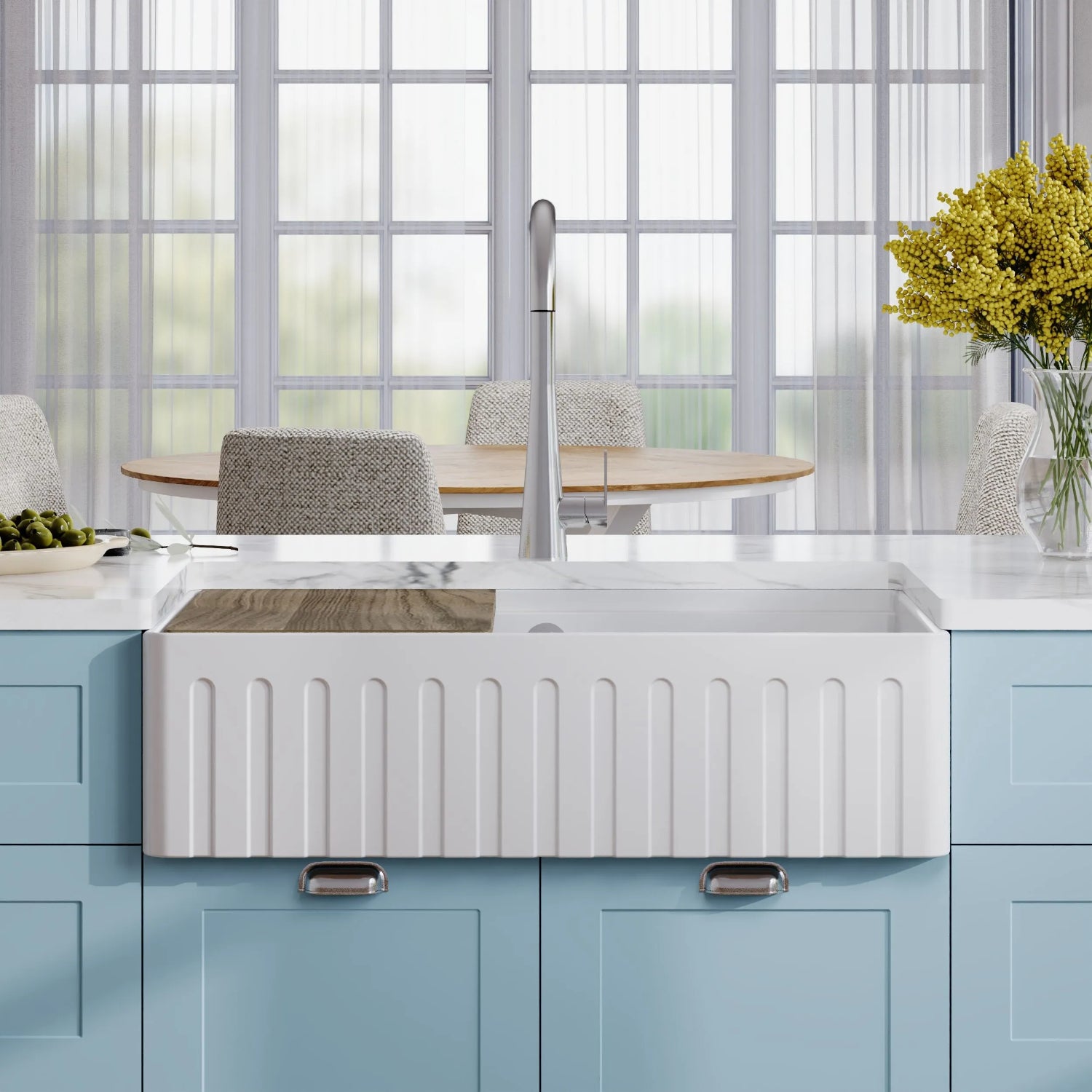 Nuie Fluted Butler Sink With Ledge, Wire Grid And Chopping Board - White