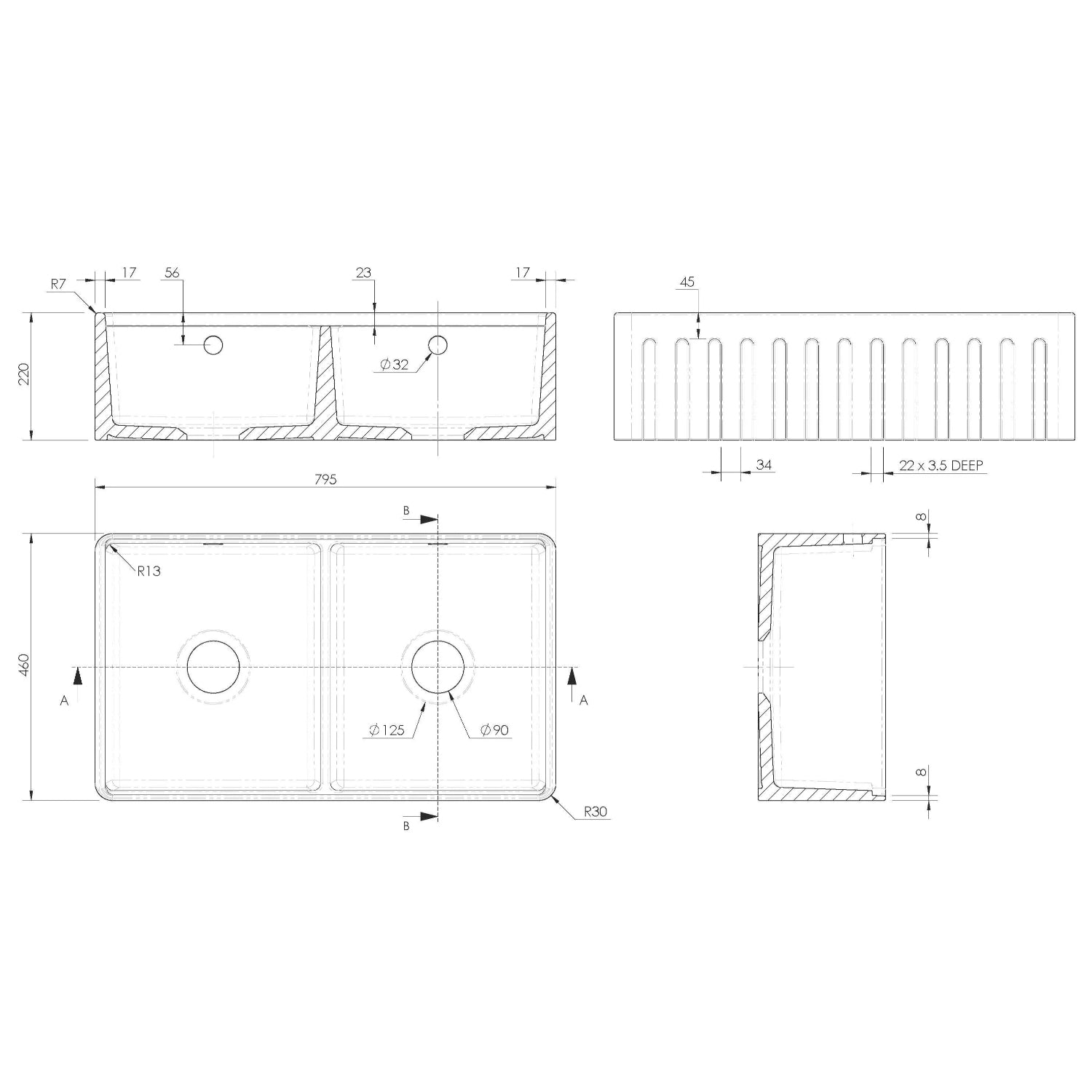 Nuie Fluted Butler Sink With Ledge - White