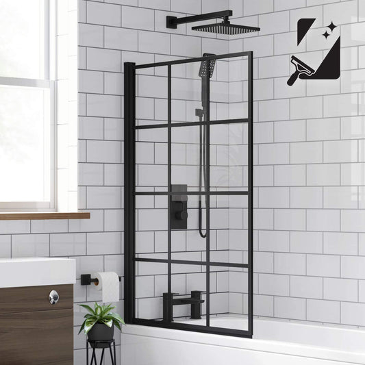 Modern Designer Crittall Folding Shower Bath Screen - 1400mm x 800mm - Matt Black