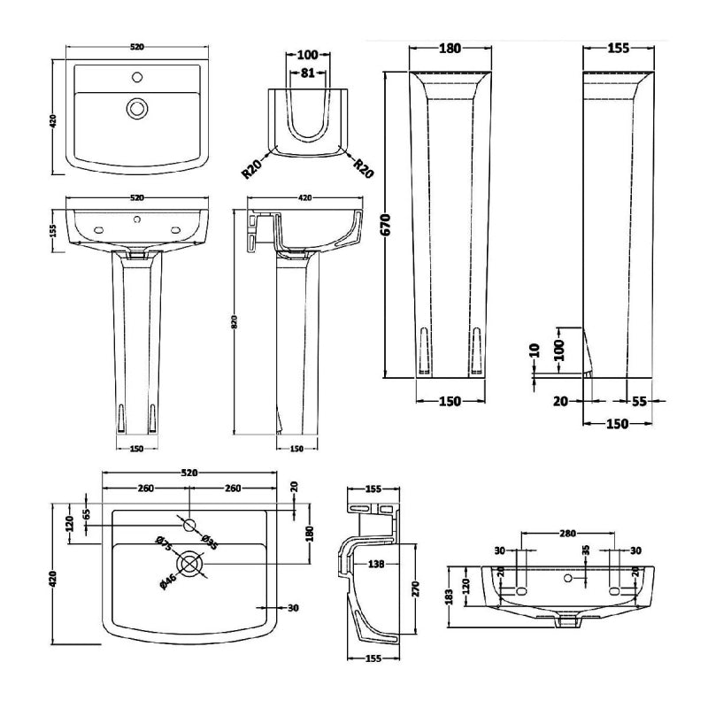 Flow Basin with Pedestal & Size Options - 1 TH - White