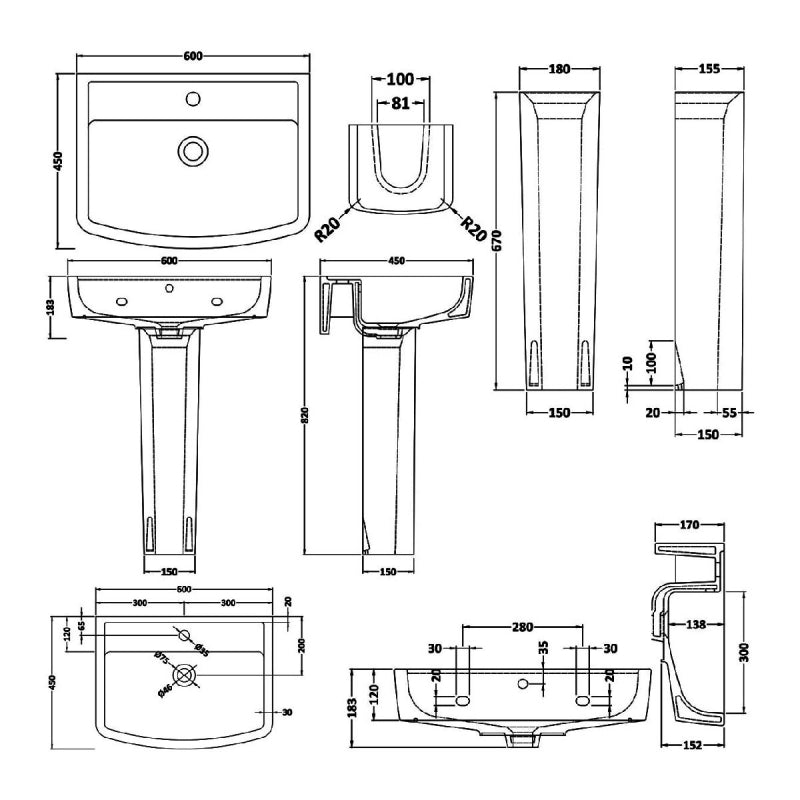 Flow Basin with Pedestal & Size Options - 1 TH - White