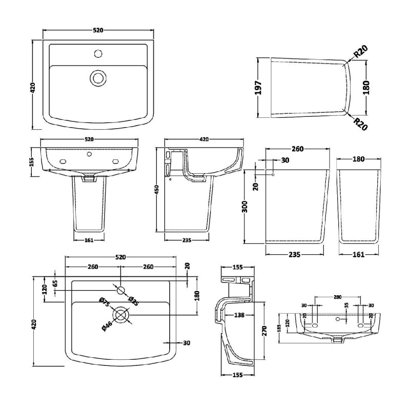 Flow Basin with Pedestal & Size Options - 1 TH - White