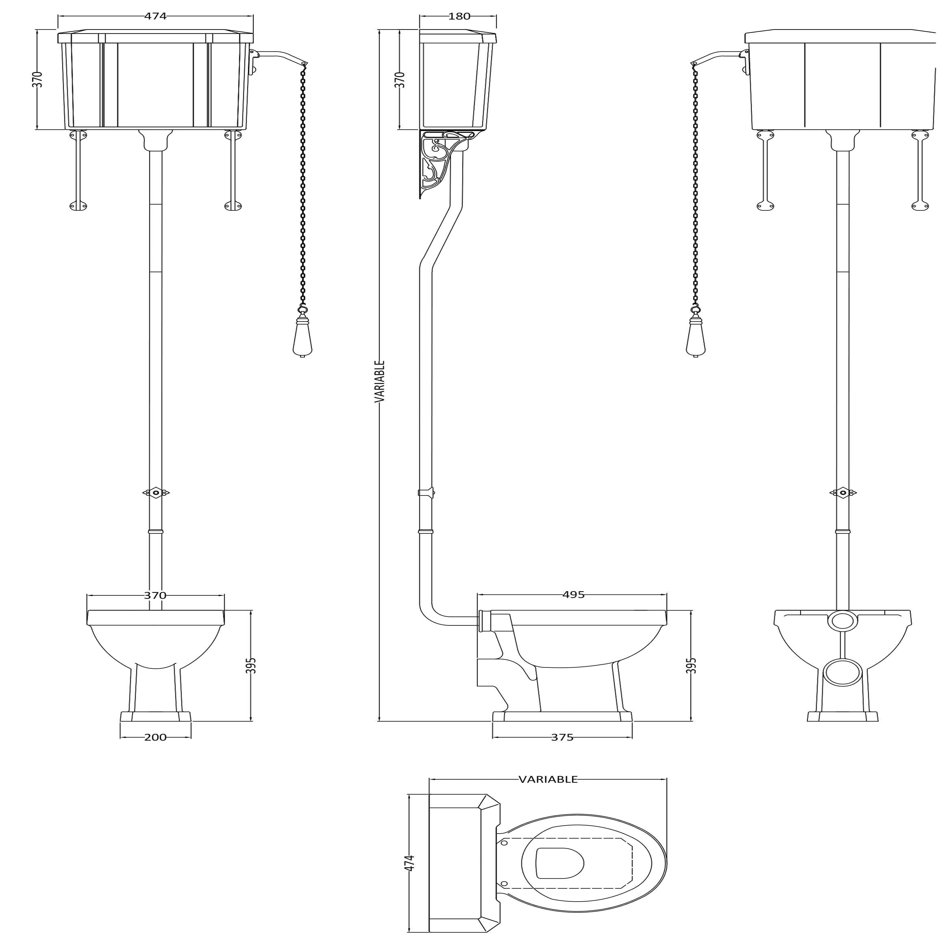 Richmond Traditional High Level Toilet with Cistern, Toilet Seat & Flush Pipe Kit - White
