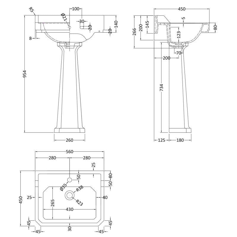 Classique Comfort Height Basin with Full Pedestal - 1, 2 or 3 TH Option - White