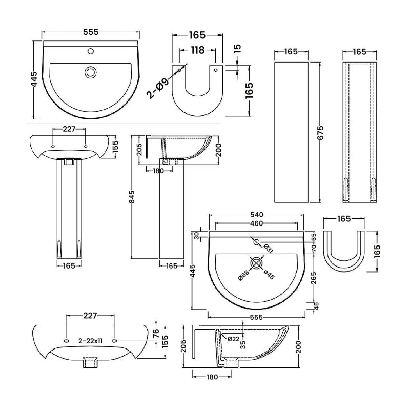 Liquid Basin with Pedestal & Size Options - 1 or 2 TH  - White
