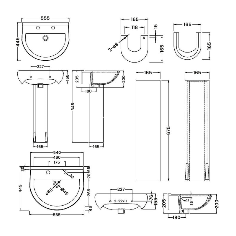 Liquid Basin with Pedestal & Size Options - 1 or 2 TH  - White