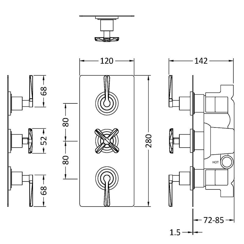Cylin Traditional 3 Outlet Thermostatic Concealed Shower Valve with Diverter