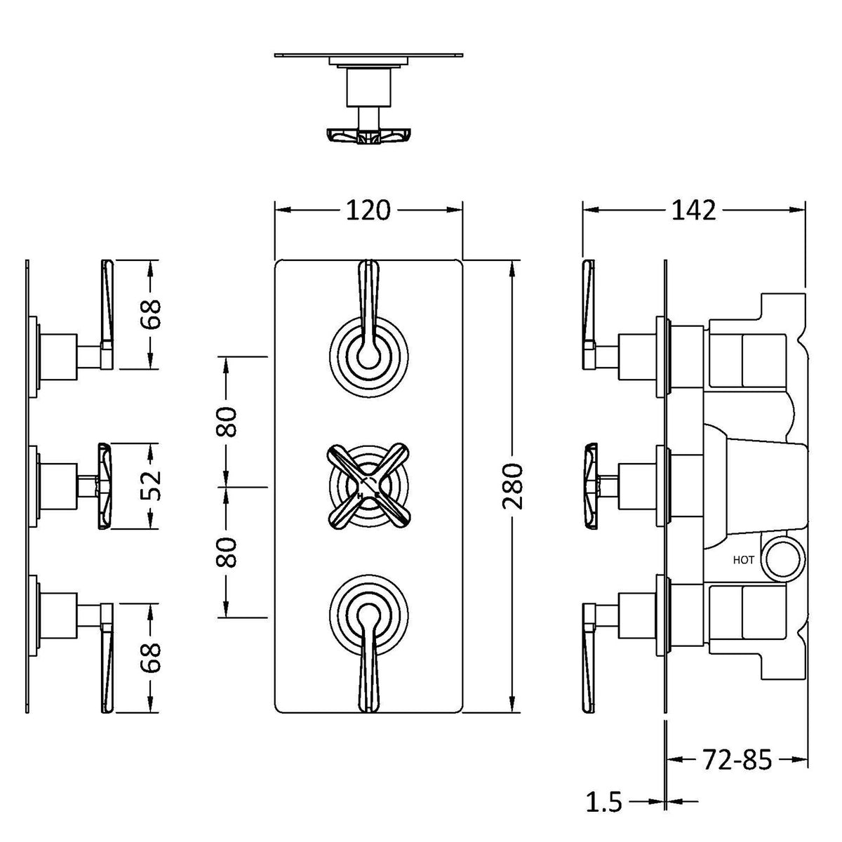 Cylin Traditional 3 Outlet Thermostatic Concealed Shower Valve with Diverter