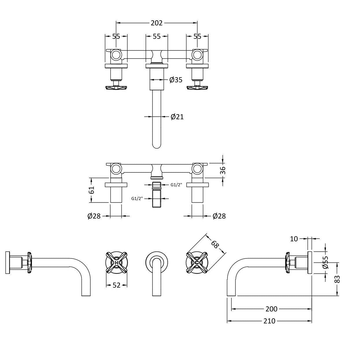 Cylin 3 Hole Wall Mounted Basin Mixer Tap