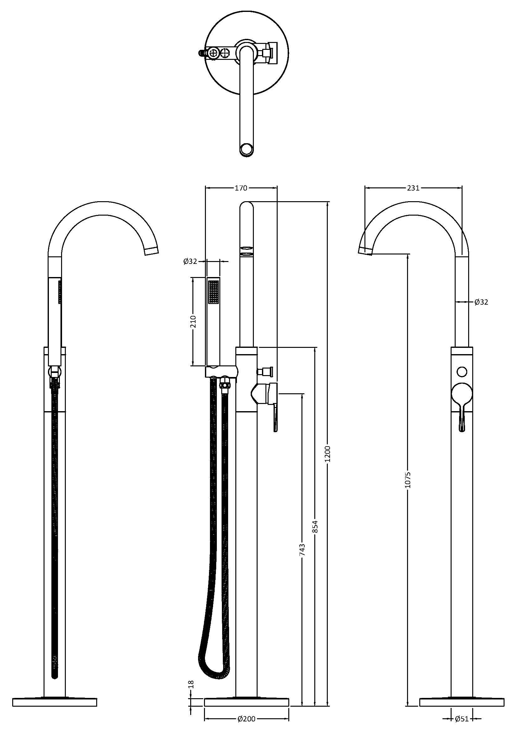 Cylin Floor Mounted Bath Shower Mixer Tap With Handset