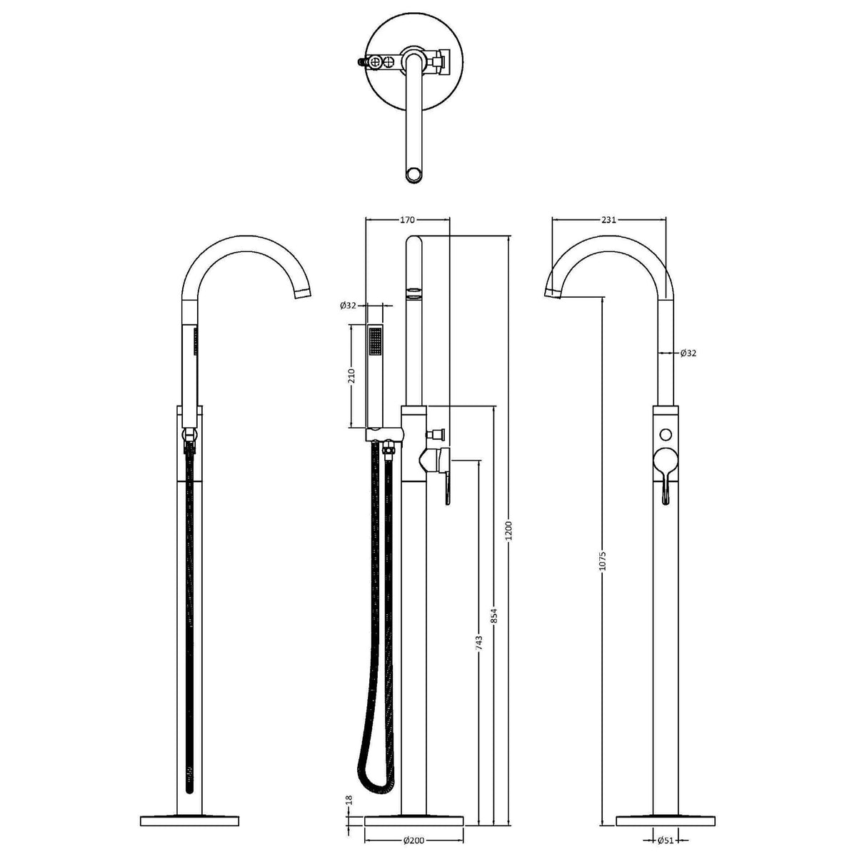 Cylin Floor Mounted Bath Shower Mixer Tap With Handset
