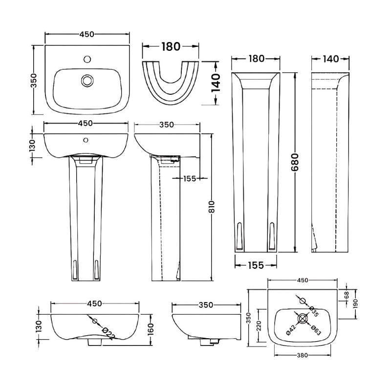 Line Basin with Pedestal & Size Option - 1 TH - White