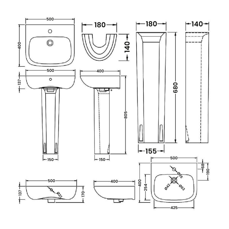 Line Basin with Pedestal & Size Option - 1 TH - White