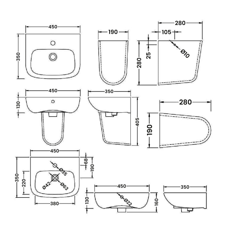 Line Basin with Pedestal & Size Option - 1 TH - White