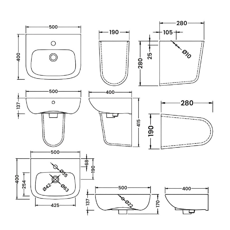 Line Basin with Pedestal & Size Option - 1 TH - White