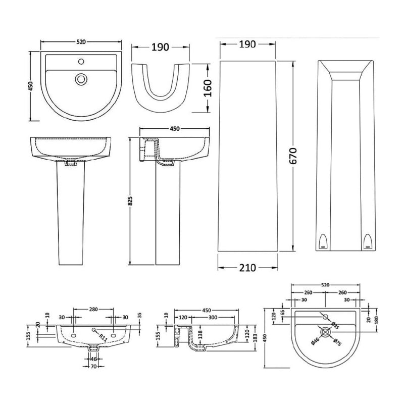 Vast Basin with Pedestal & Size Options - 1 TH - White