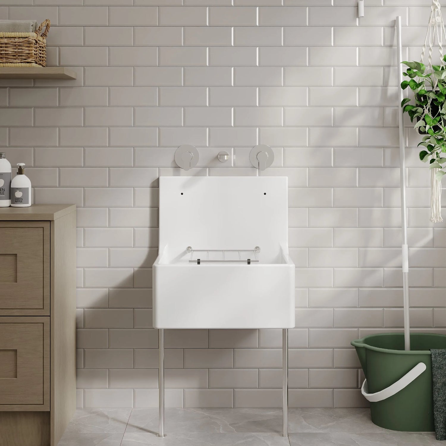 Nuie Single Bowl Traditional Cleaner Sink With Grid, Legs, Wall Bracket And Backsplash - White