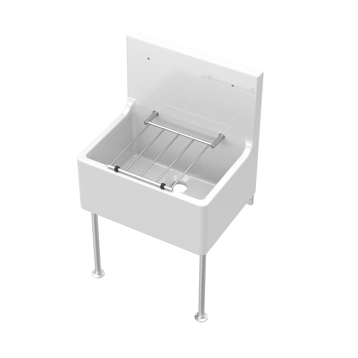 Nuie Single Bowl Traditional Cleaner Sink With Grid, Legs, Wall Bracket And Backsplash - White