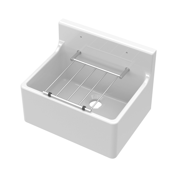 Inspire Single Bowl Traditional Cleaner Sink With Grid, Wall Bracket And Backsplash - White