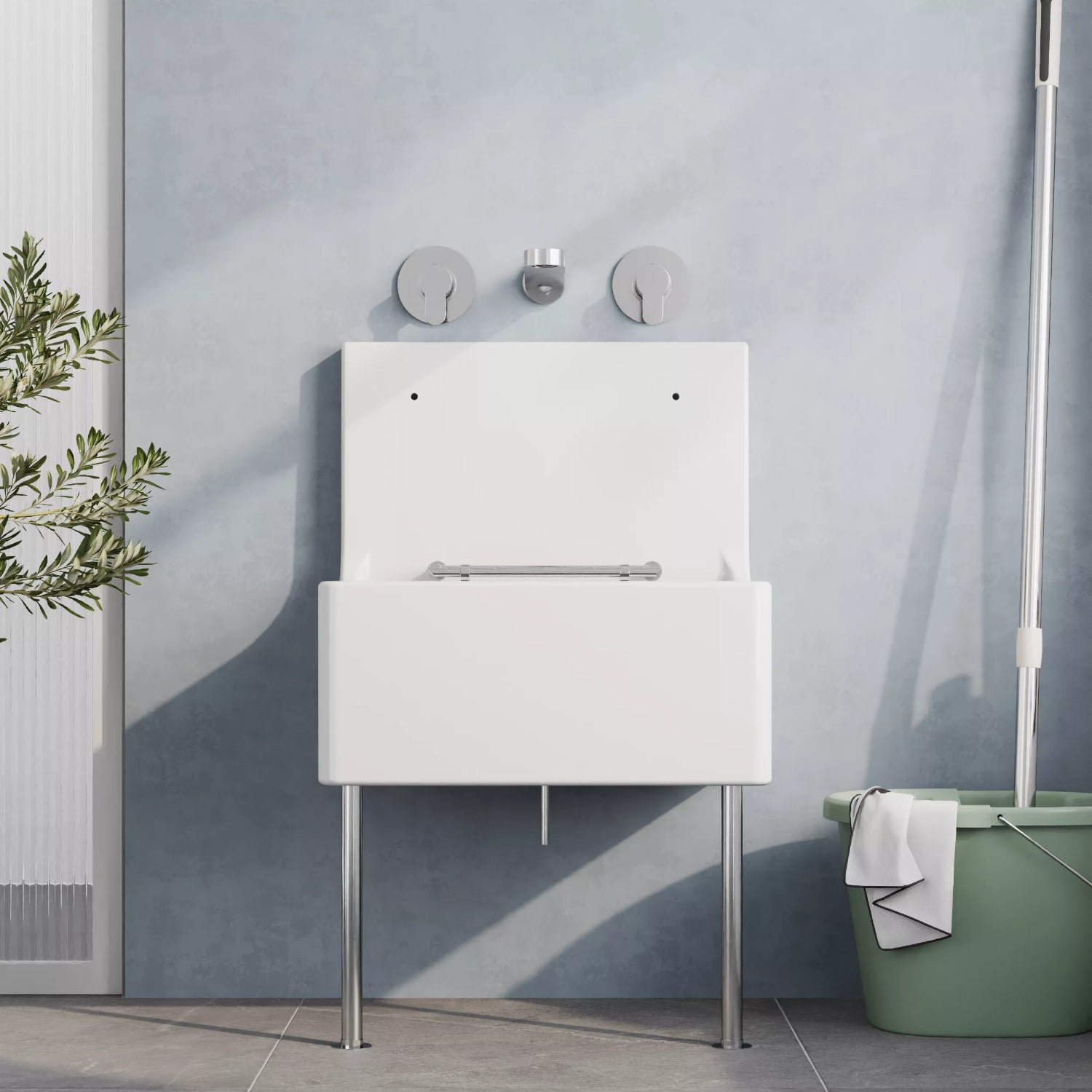 Nuie Single Bowl Traditional Cleaner Sink With Grid, Legs, Wall Bracket And Backsplash - White