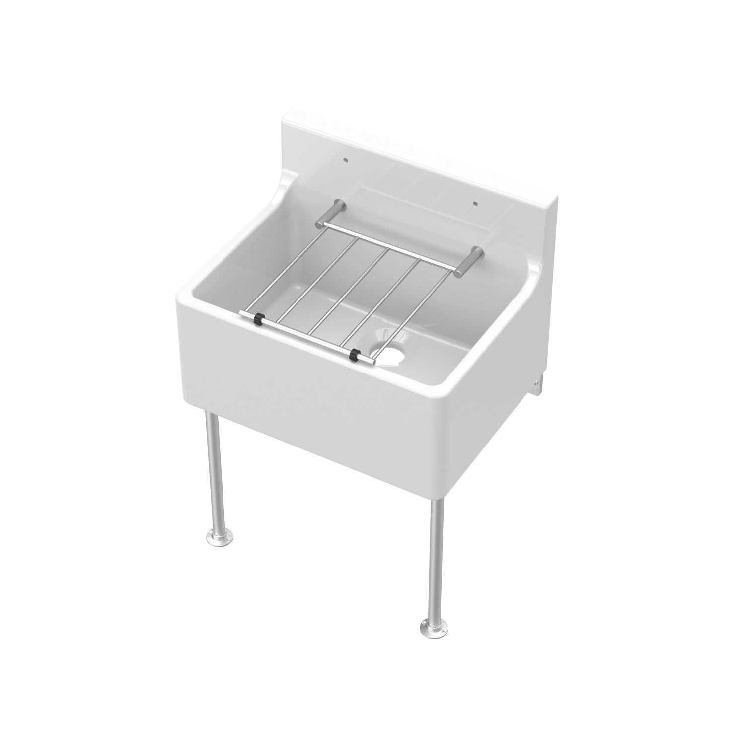 Nuie Single Bowl Traditional Cleaner Sink With Grid, Legs, Wall Bracket And Backsplash - White