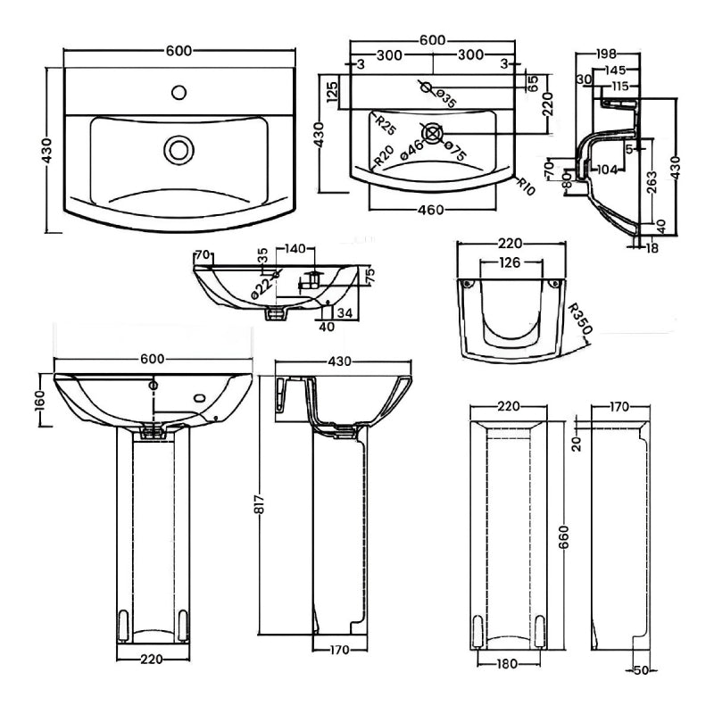 Rio Basin with Pedestal & Size Options - 1 TH - White