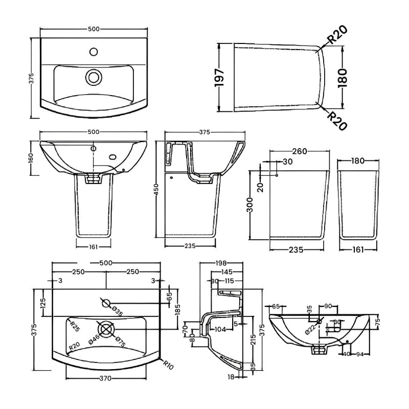 Rio Basin with Pedestal & Size Options - 1 TH - White
