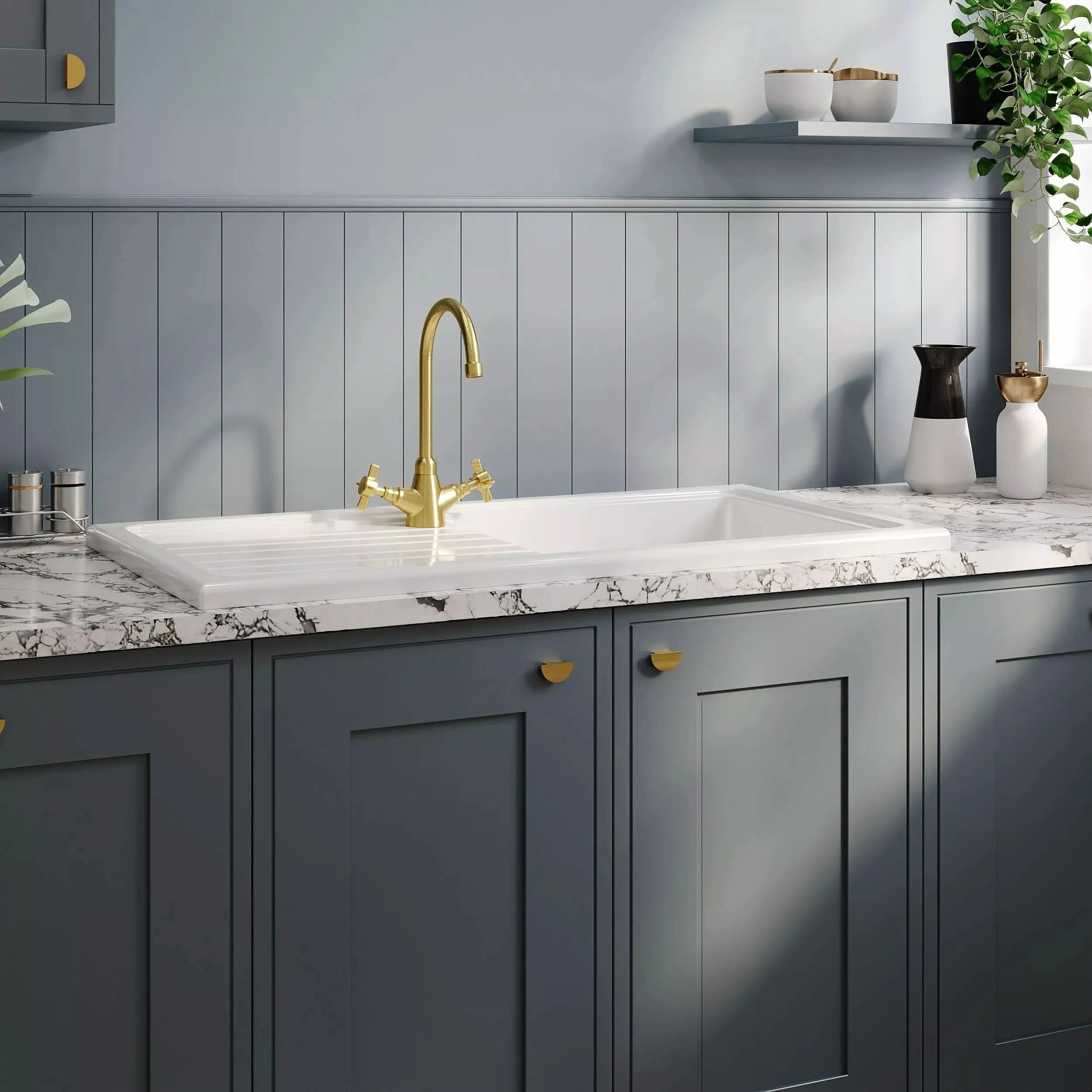 Nuie 1010mm Single Bowl Rectangular Fluted Countertop Drainer Sink