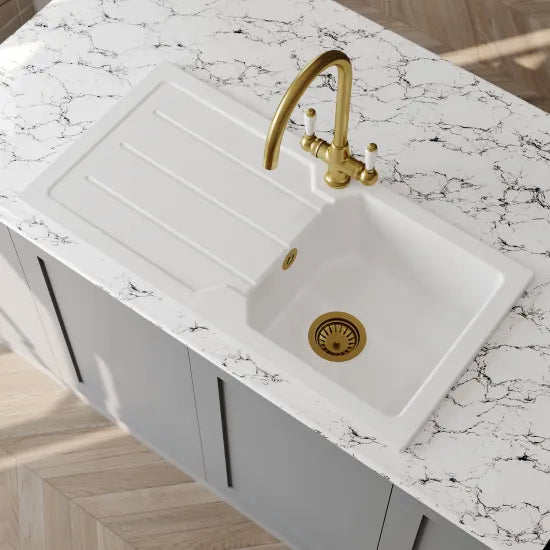 Inspire 865mm Single Bowl Compact Countertop Drainer Sink - White