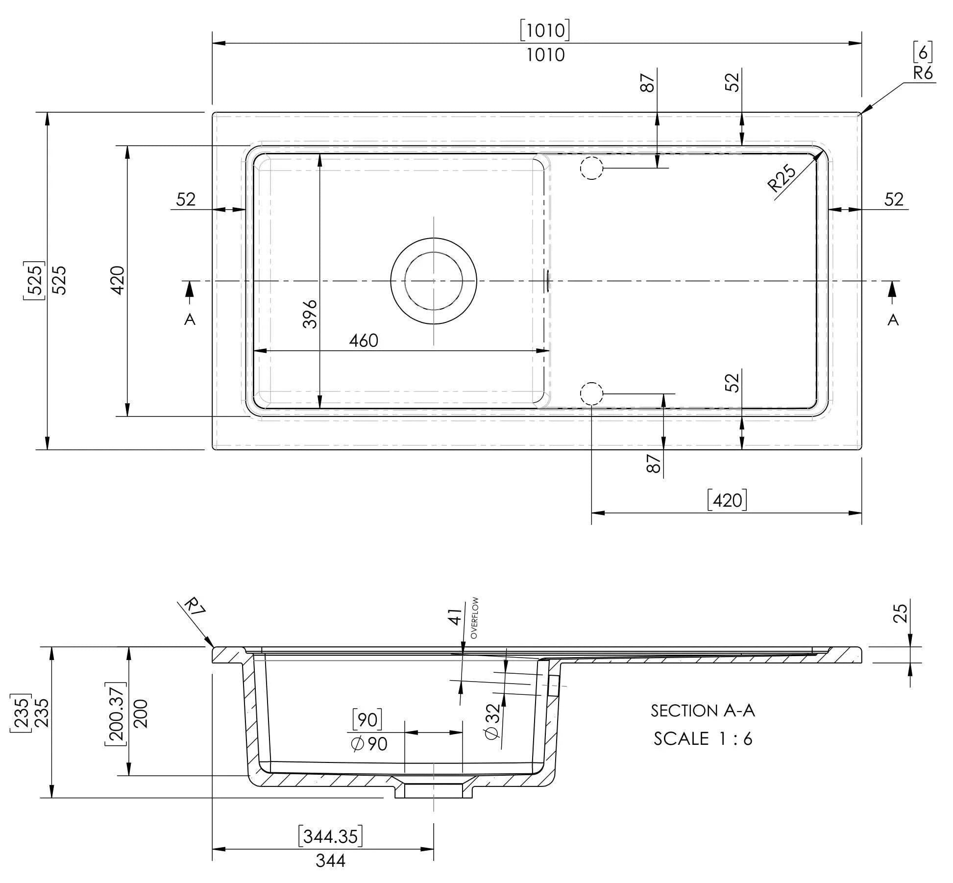 Nuie 1010mm Single Bowl Rectangular Plain Countertop Drainer Sink