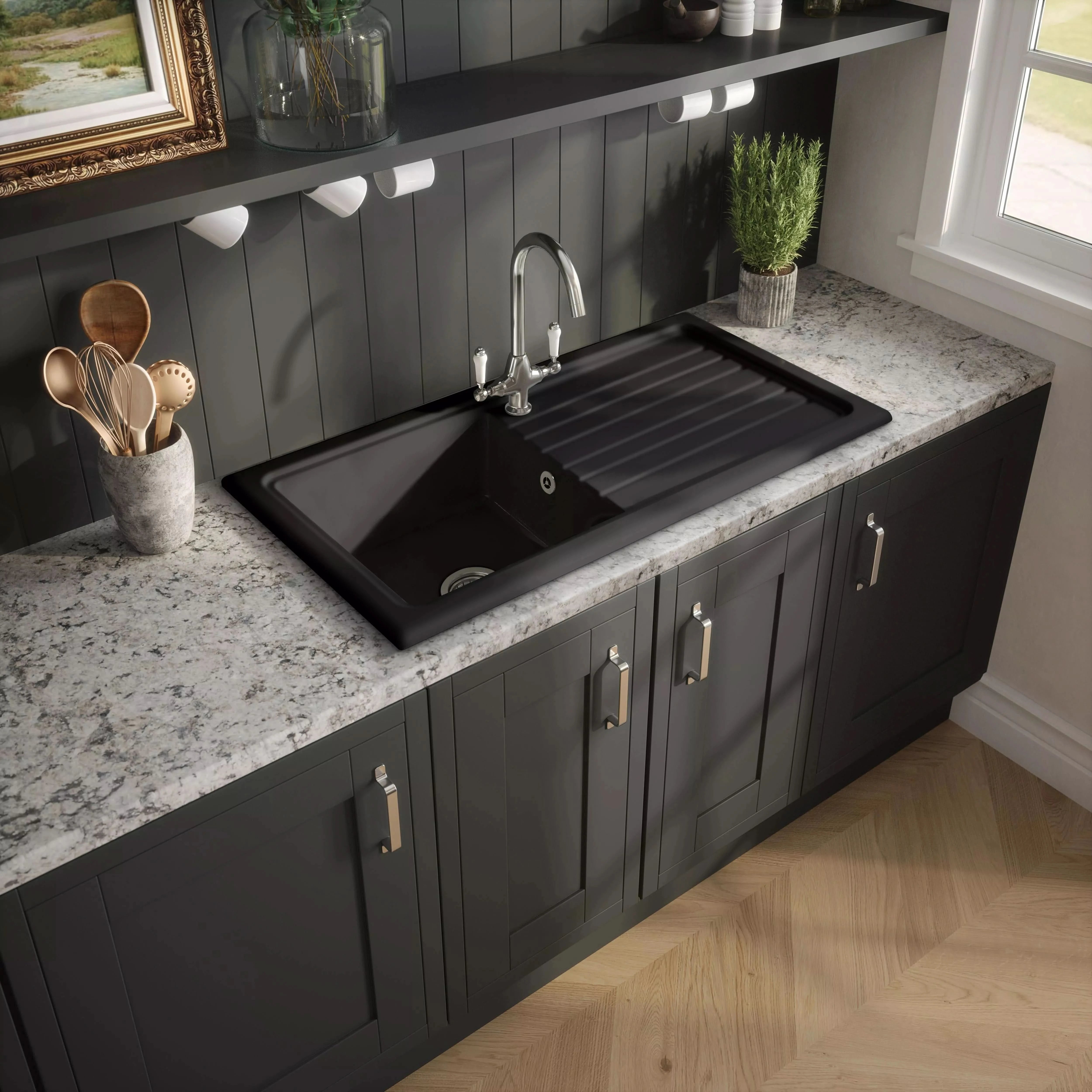 Nuie 1010mm Single Bowl Rectangular Fluted Countertop Drainer Sink
