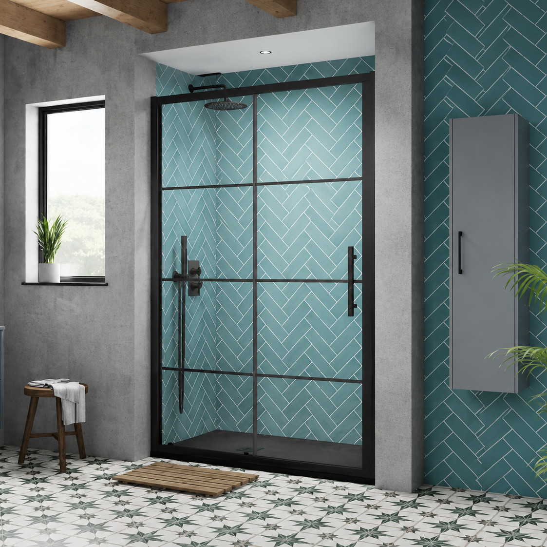 Cove 8mm Glass Recessed Sliding Shower Door - Matt Black