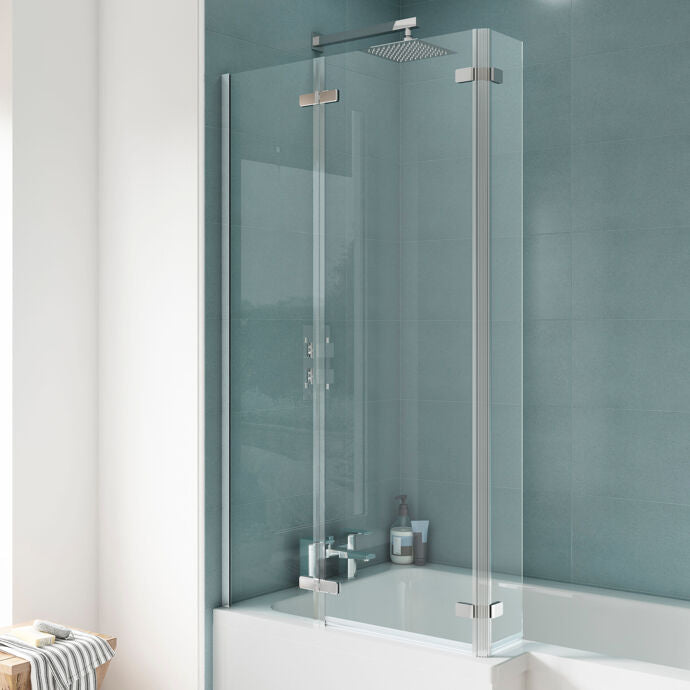 Torino 5mm L-Shaped Hinged Glass Bath Screen - 1400mm x 760mm - Chrome