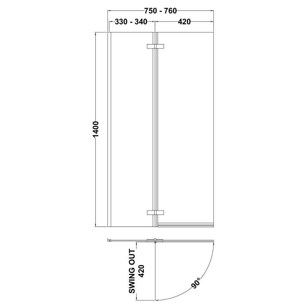 Torino 5mm Glass L-Shaped Hinged Bath Screen - 1400mm x 760mm - Chrome