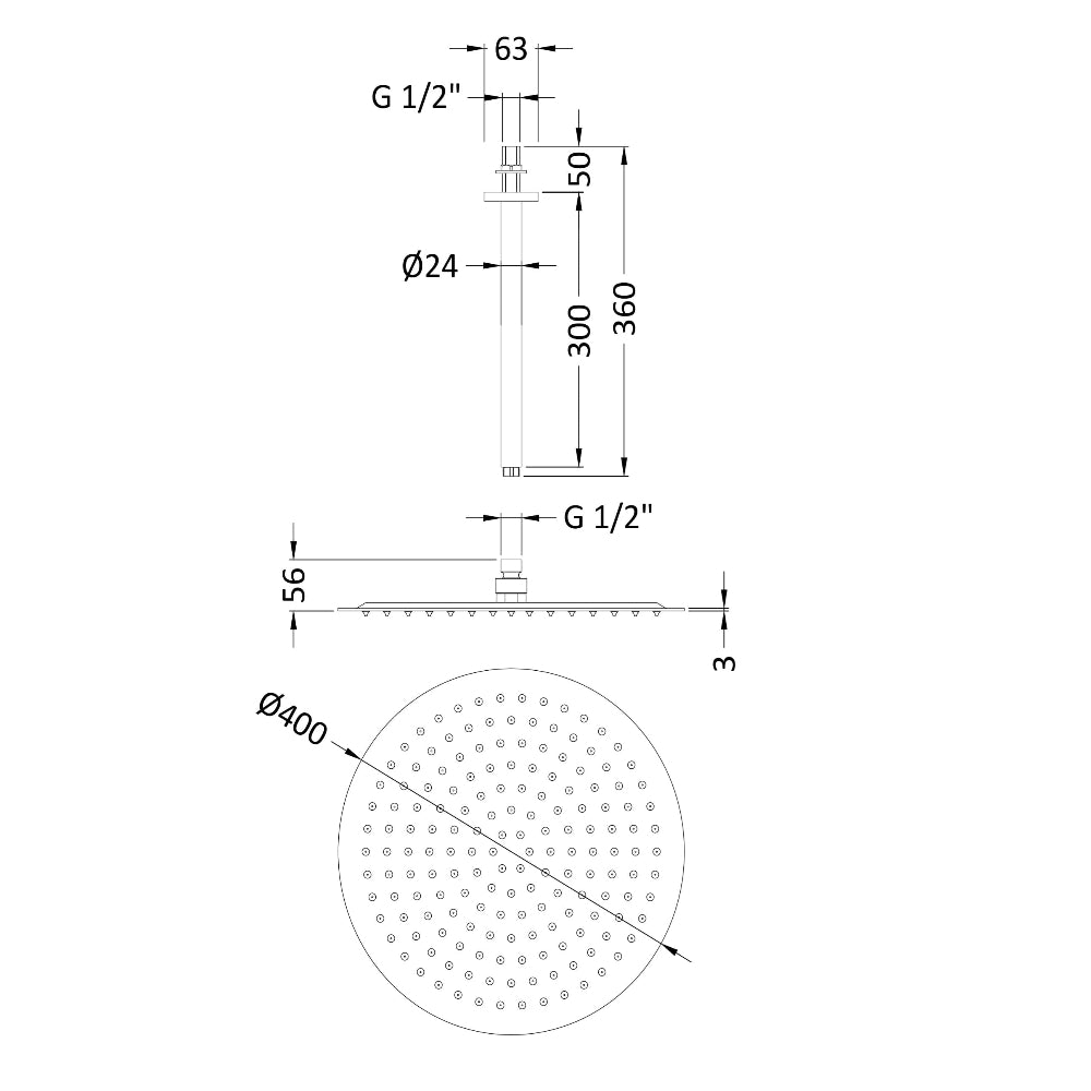 Clifton Round Fixed Shower Head And Ceiling Arm - 400mm x 400mm - Chrome