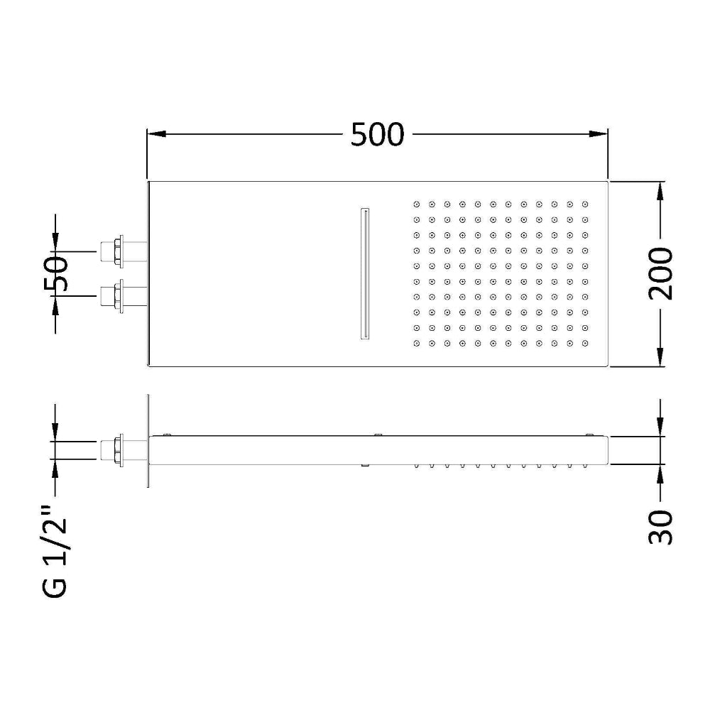 Clifton Rectangular Fixed Shower Head With Waterfall - 500mm x 200mm - Chrome