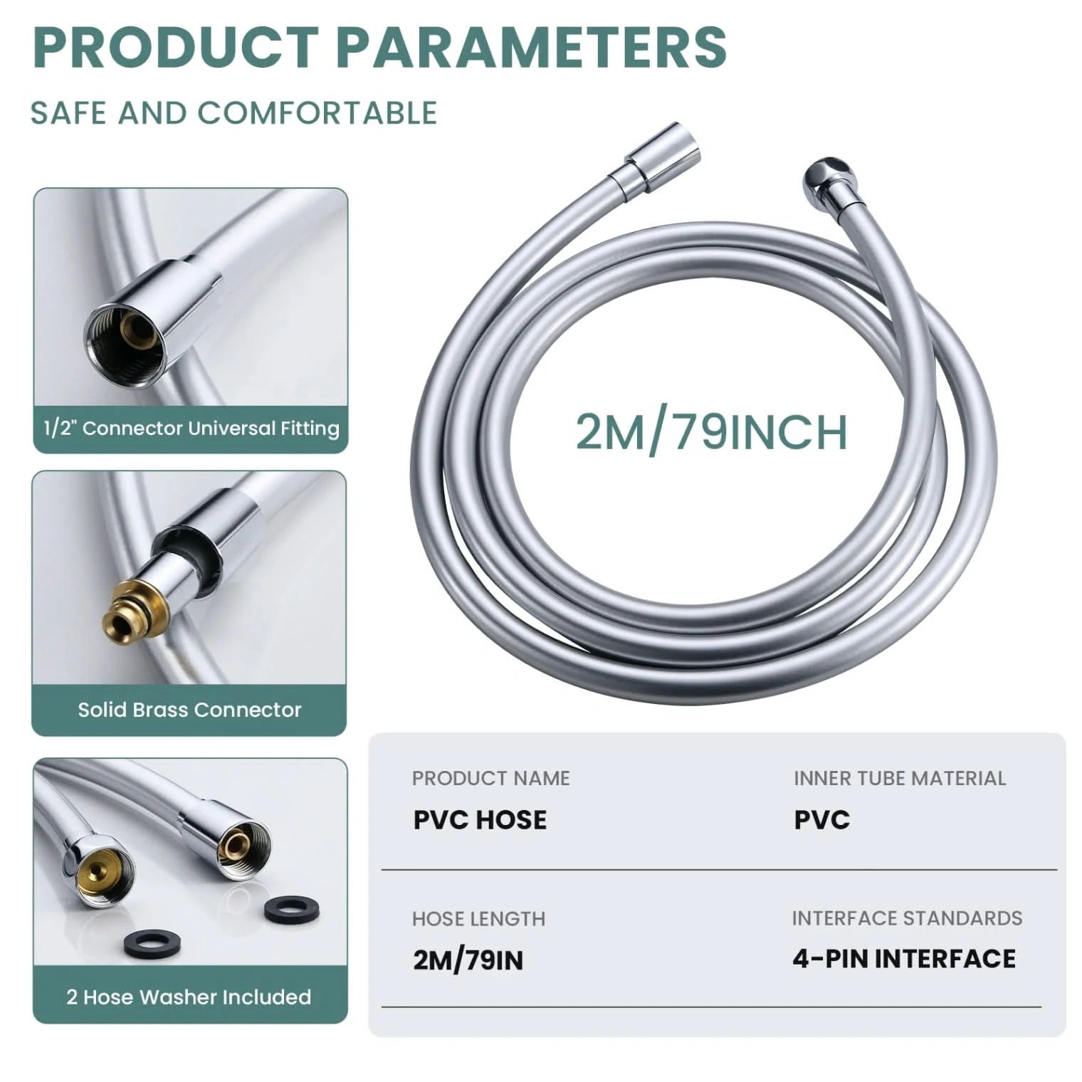 VeeBath Hyva Bath Shower Hose PVC Replacement Pipe - Silver