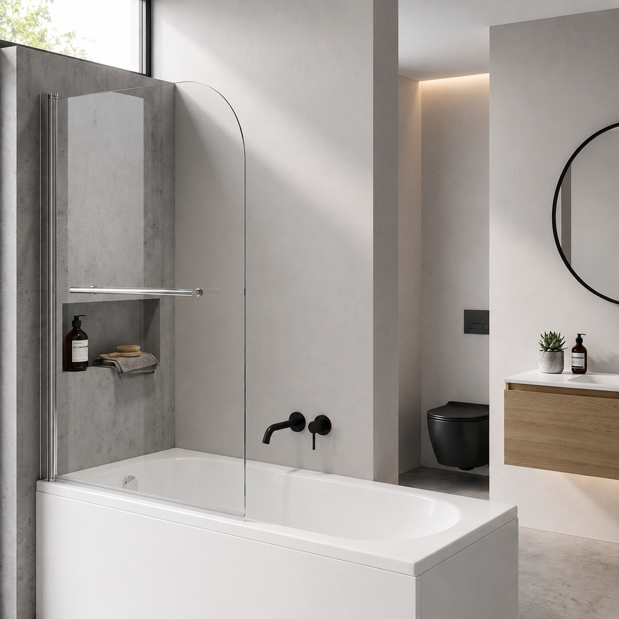 Supreme 6mm Glass Sail Bath Screen with Pivot Panel and Towel Rail - Chrome