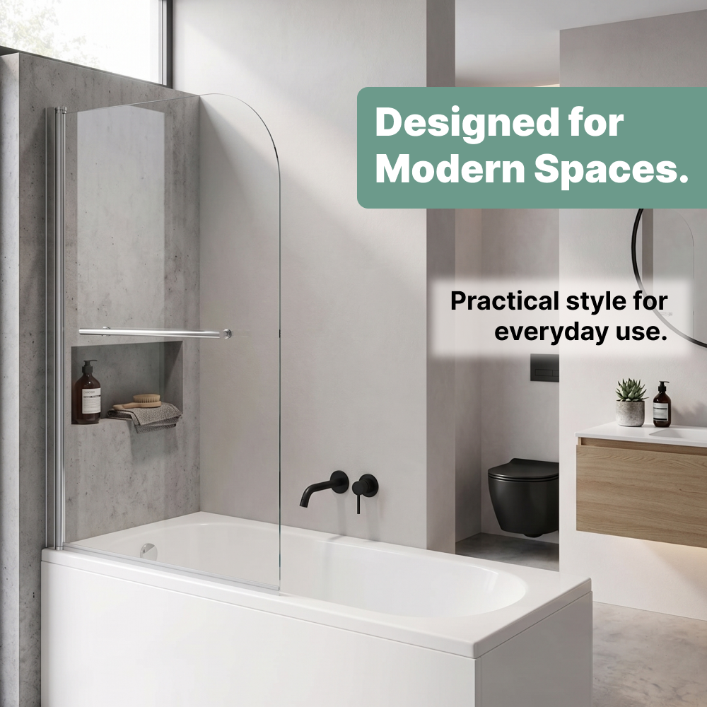 Curved Top Pivot Bath Screen with Towel Rail - Chrome