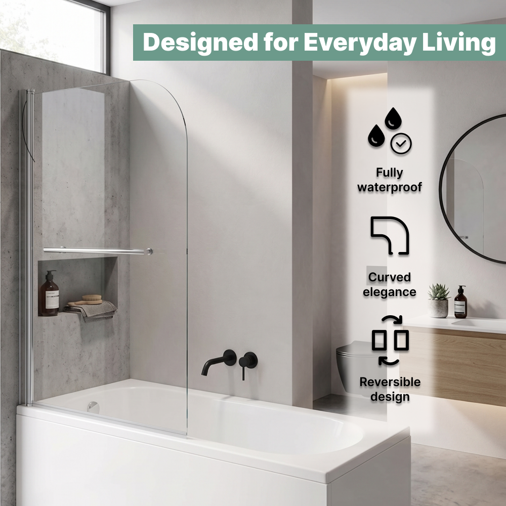 Curved Top Pivot Bath Screen with Towel Rail - Chrome