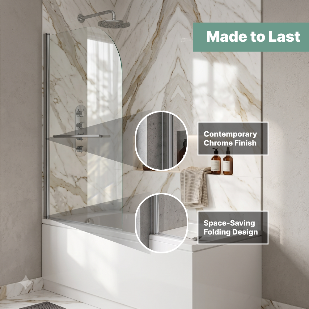 Curved Top Pivot Bath Screen with Towel Rail - Chrome