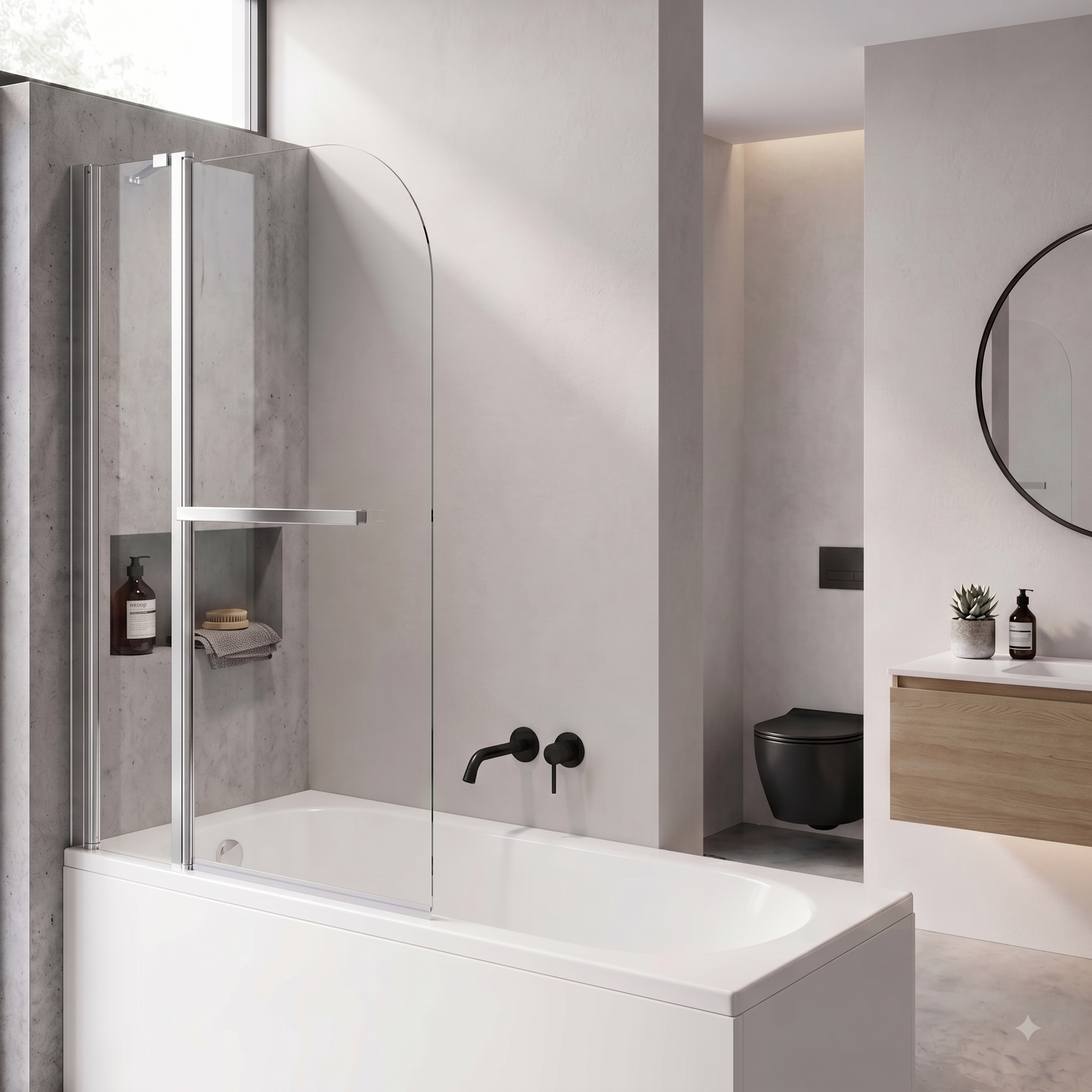 Studio 6mm Glass Curved Bath Screen with Fixed Panel and Towel Rail - 1400mm x 1000mm - Chrome