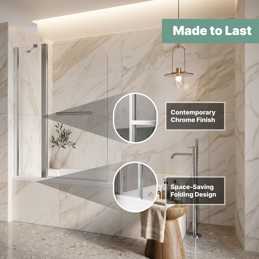 iBathUK Curved Bath Screen with Return Panel and Towel Rail - 1400 x 1000mm - Chrome