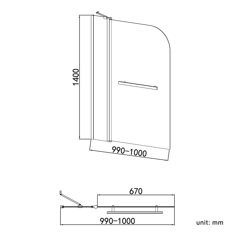 iBathUK Curved Bath Screen with Return Panel and Towel Rail - 1400 x 1000mm - Chrome