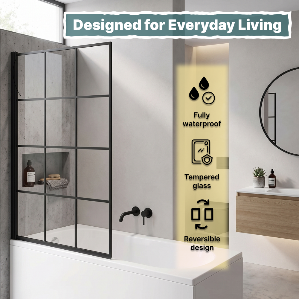 Grid Pattern Pivot Bath Screen - Matt Black