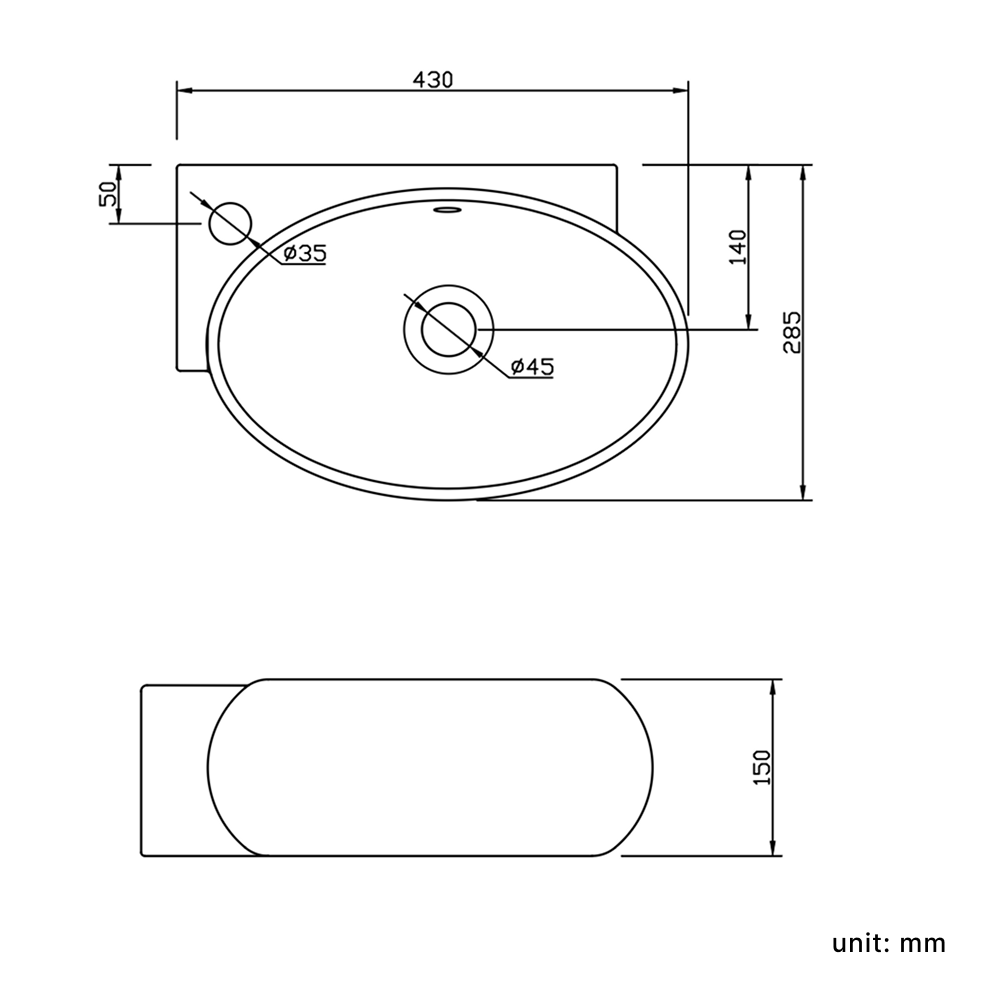 Nio Oval Wall Hung Basin - 430mm Wide - 1 TH - White